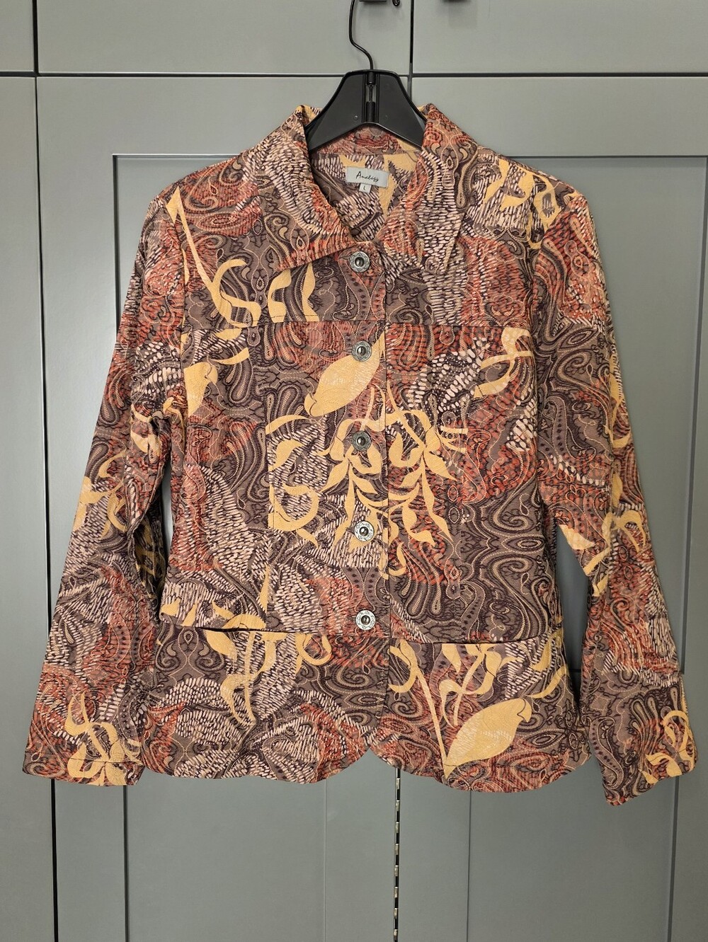 Analogy Jacket Shacket Shirt Large Floral Jacquard Brown Gold Office Artsy Boho
